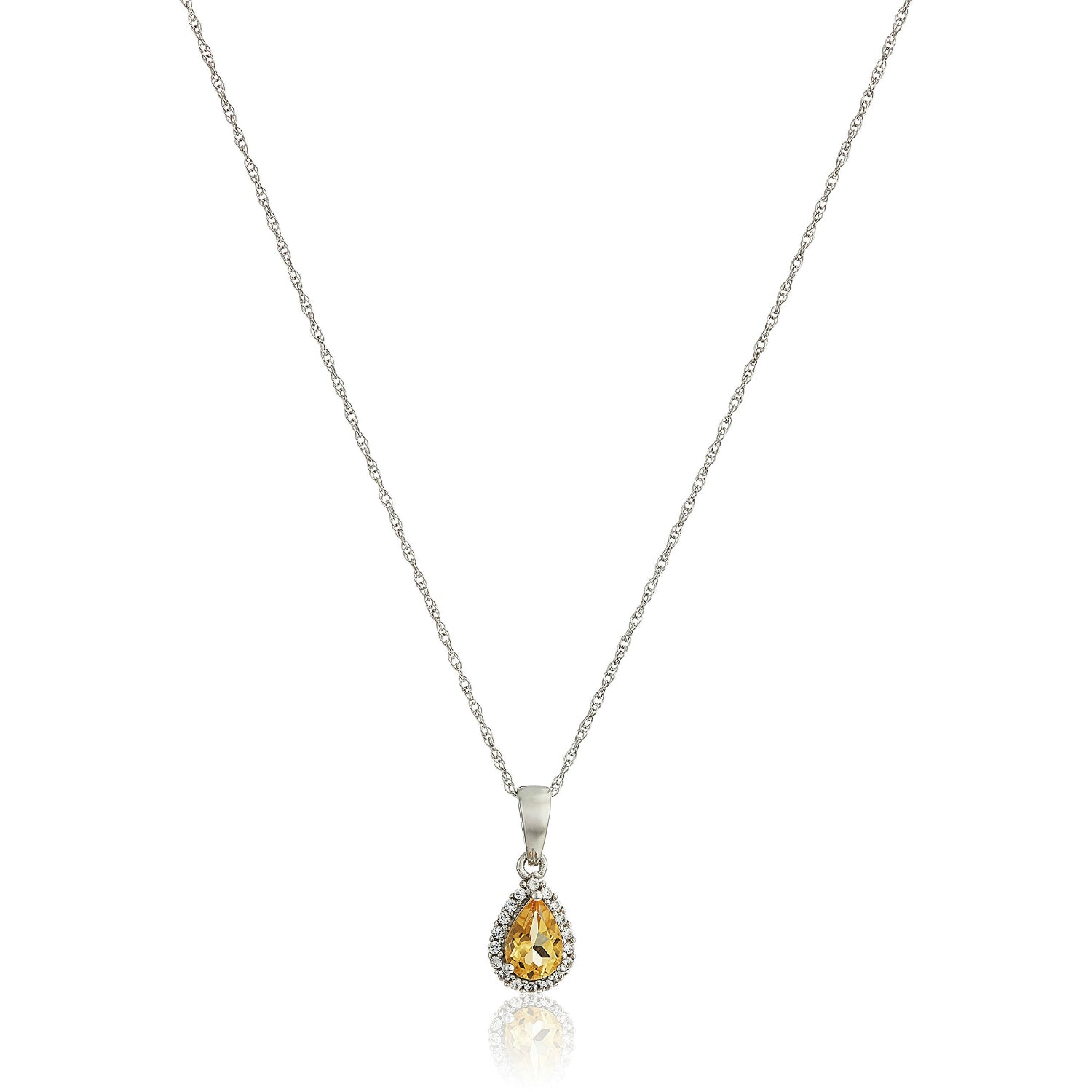 10k White Gold Citrine and Created White Sapphire Pear Halo Pendant Necklace, 18" - pinctore