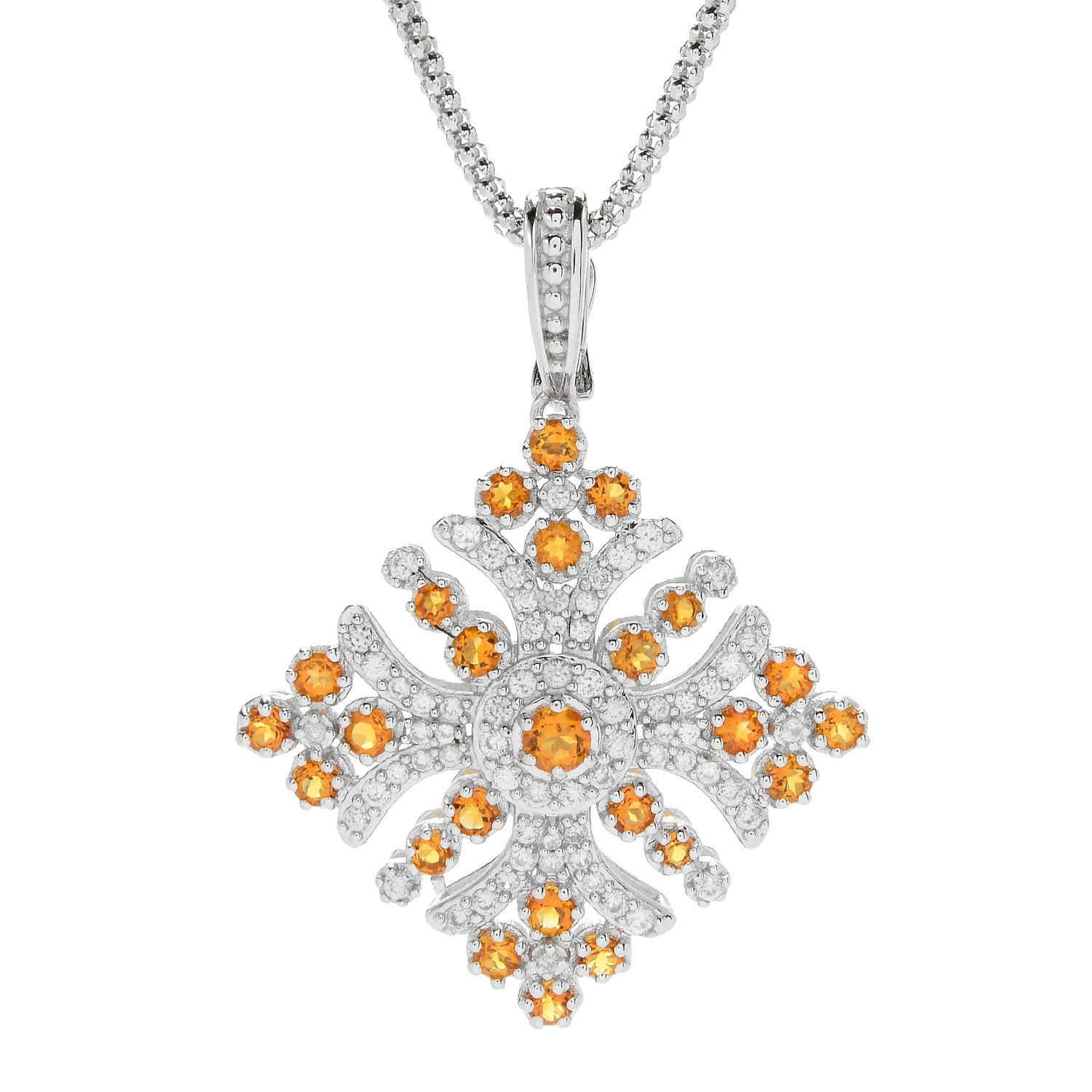 Pinctore Sterling Silver White Zircon & Madeira Citrine Cross Enhancer Pendant w/ 18" Popcorn Chain - pinctore