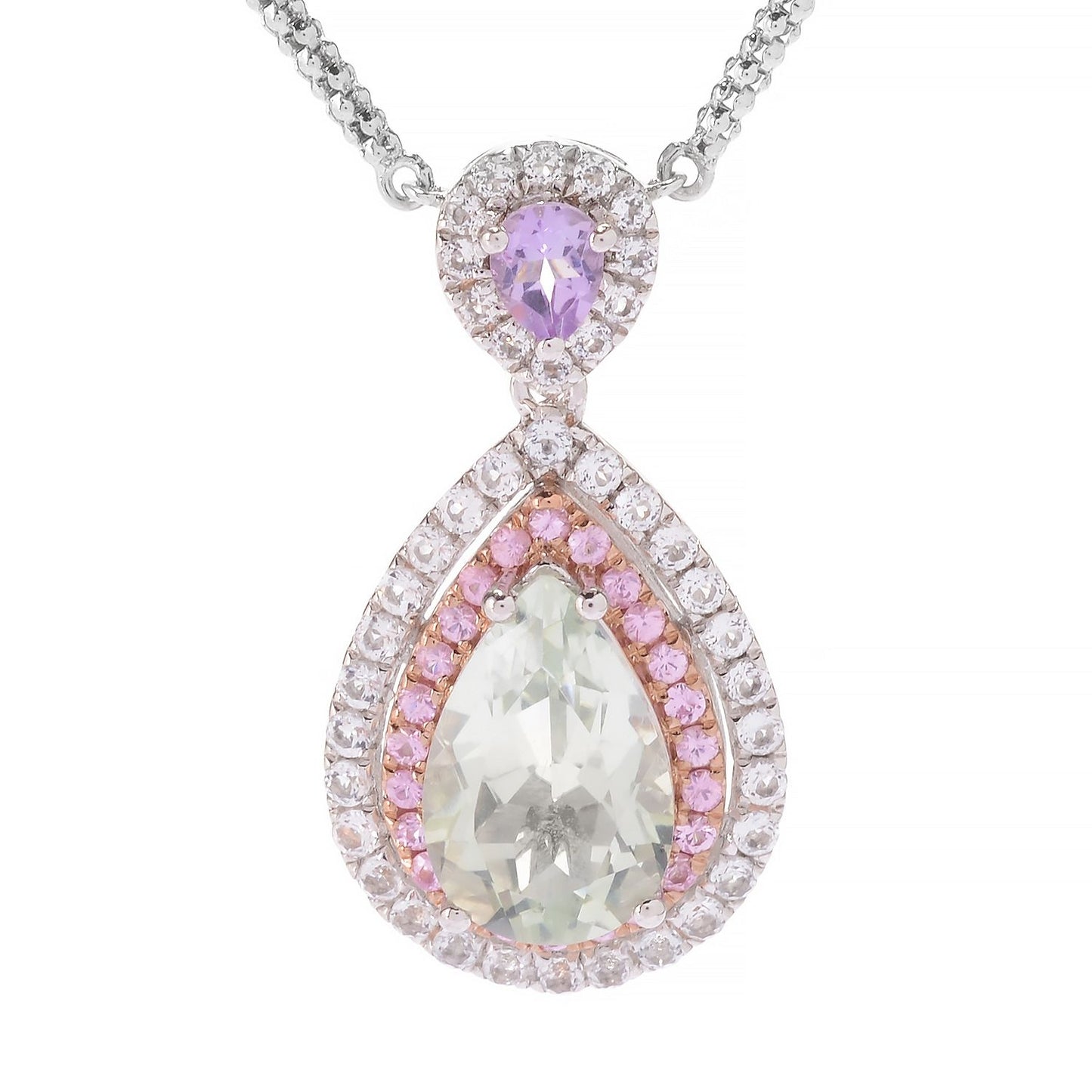Sterling SIlver 925 White Topaz, Green Amethyst, Pink Sapphire, Pink Amethyst Pendant - Pinctore