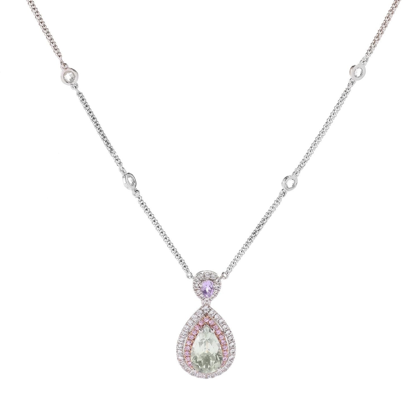 Sterling SIlver 925 White Topaz, Green Amethyst, Pink Sapphire, Pink Amethyst Pendant - Pinctore