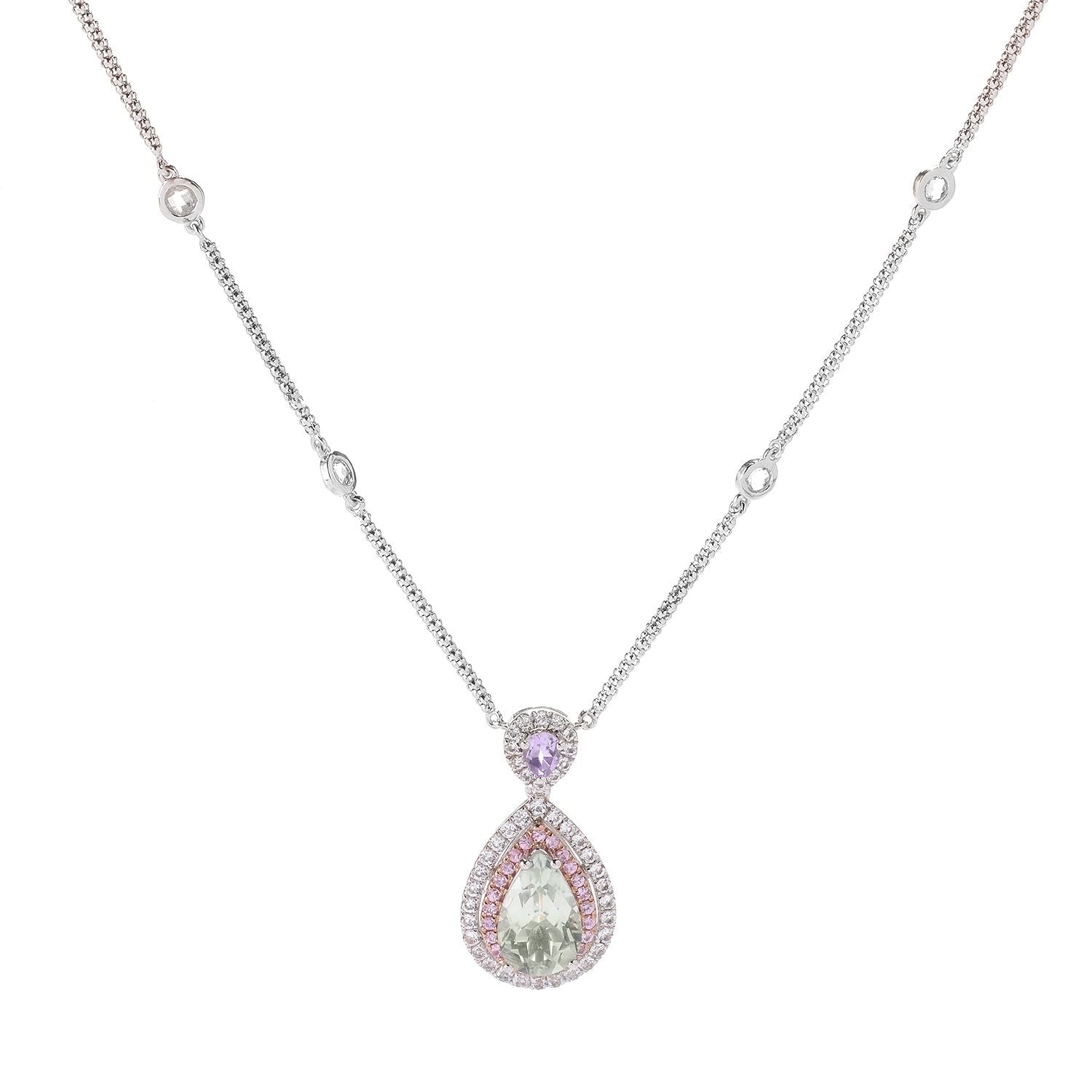 Sterling SIlver 925 White Topaz, Green Amethyst, Pink Sapphire, Pink Amethyst Pendant - Pinctore