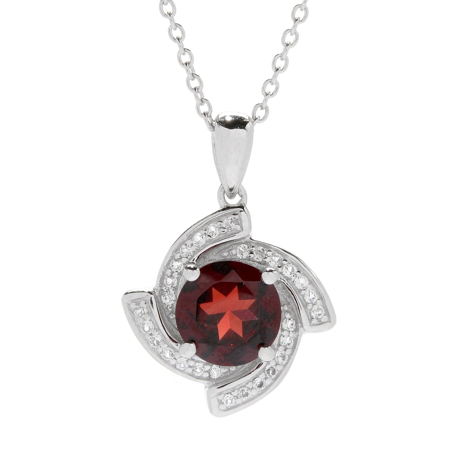 Pinctore Sterling Silver Red Garnet & White Topaz Twist Halo Pendant w/ 18" Chain - pinctore