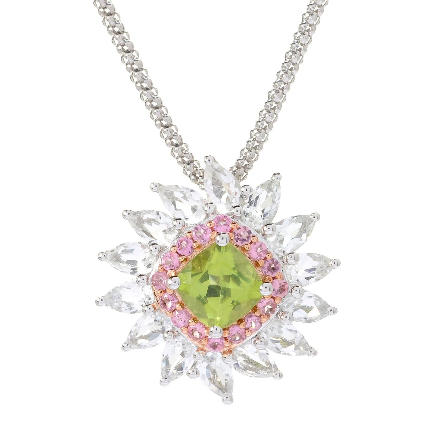 Pinctore Sterling Silver 5.5ctw Peridot,Pink Tourmaline White Topaz Pendant,18' Chain - pinctore