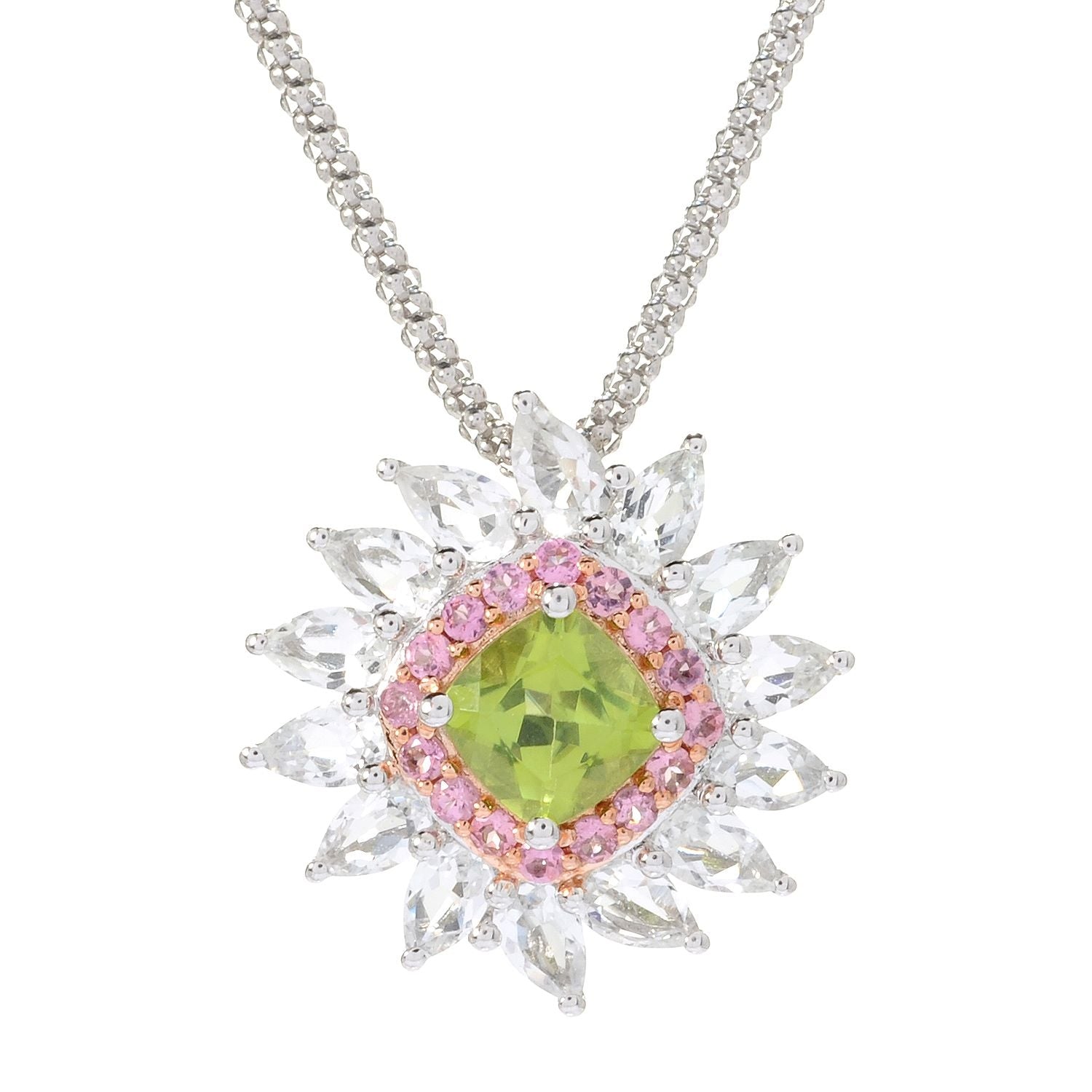 Pinctore Sterling Silver 5.5ctw Peridot,Pink Tourmaline White Topaz Pendant,18' Chain - pinctore