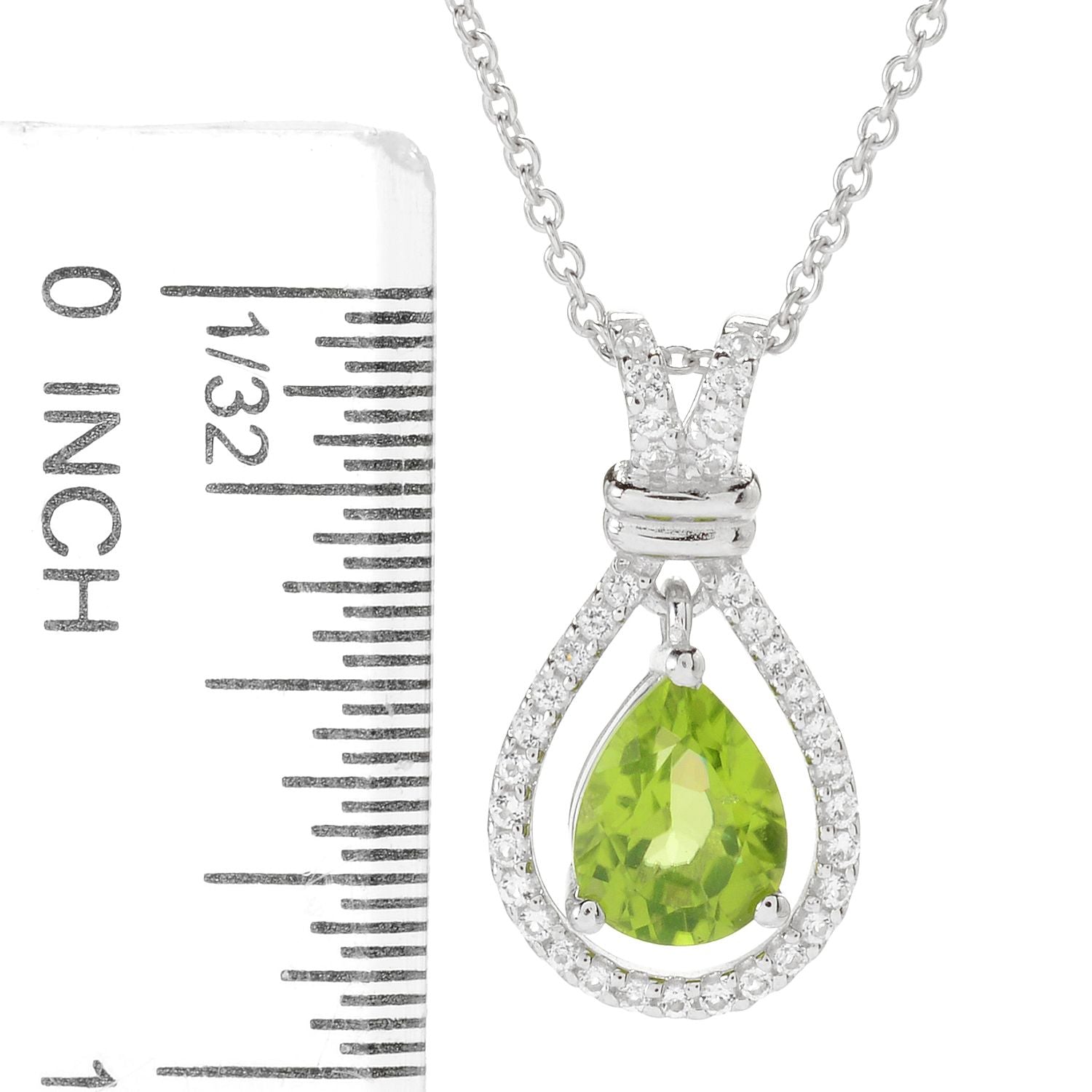 Sterling Silver Pear Cut Peridot & White Topaz Halo Pendant w/ 18" Chain - Pinctore