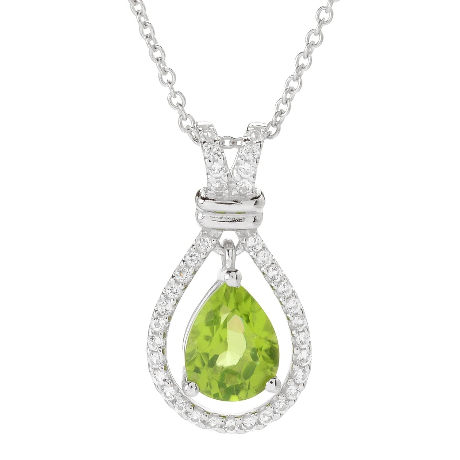 Sterling Silver Pear Cut Peridot & White Topaz Halo Pendant w/ 18" Chain - Pinctore