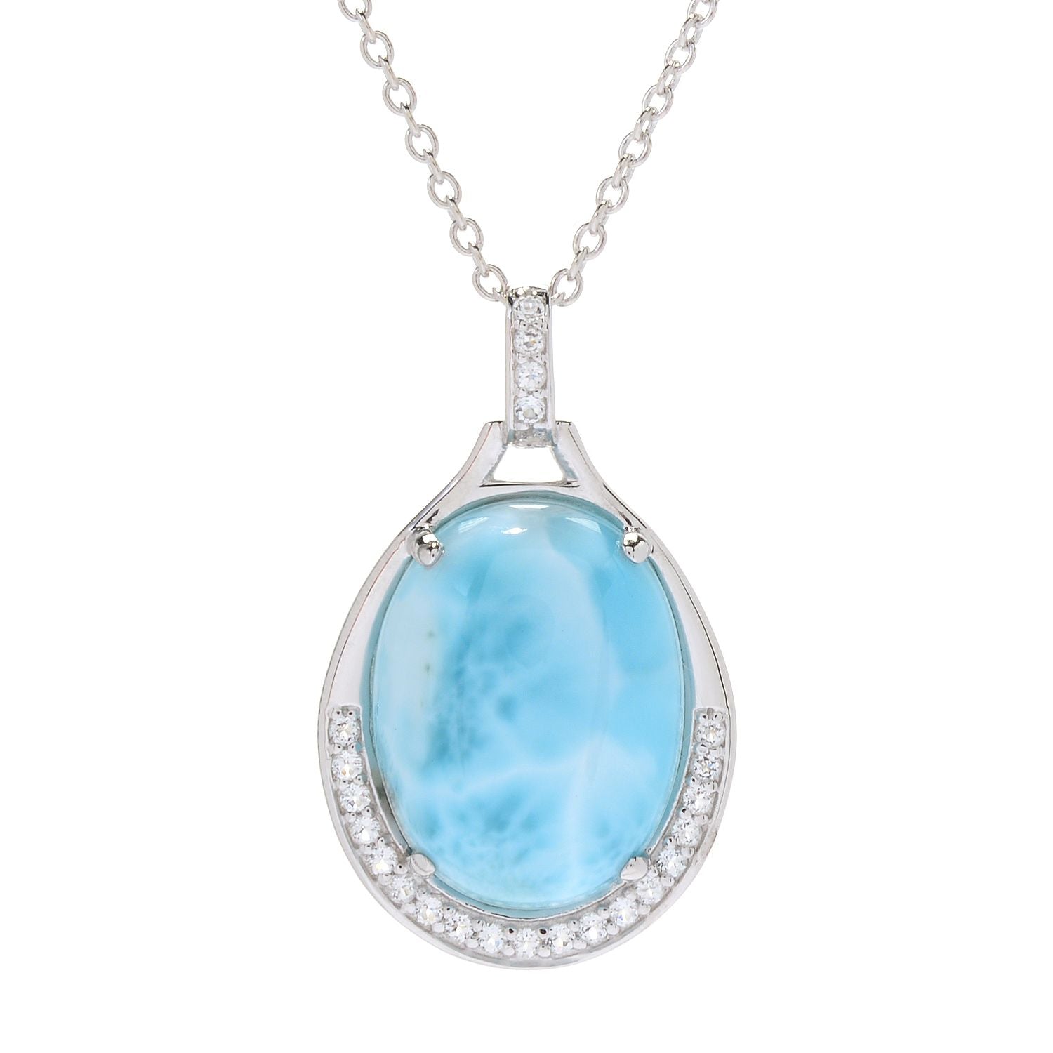 Pinctore Sterling Silver 20 x 15mm Larimar & White Topaz Pendant w/ 18" Chain - pinctore