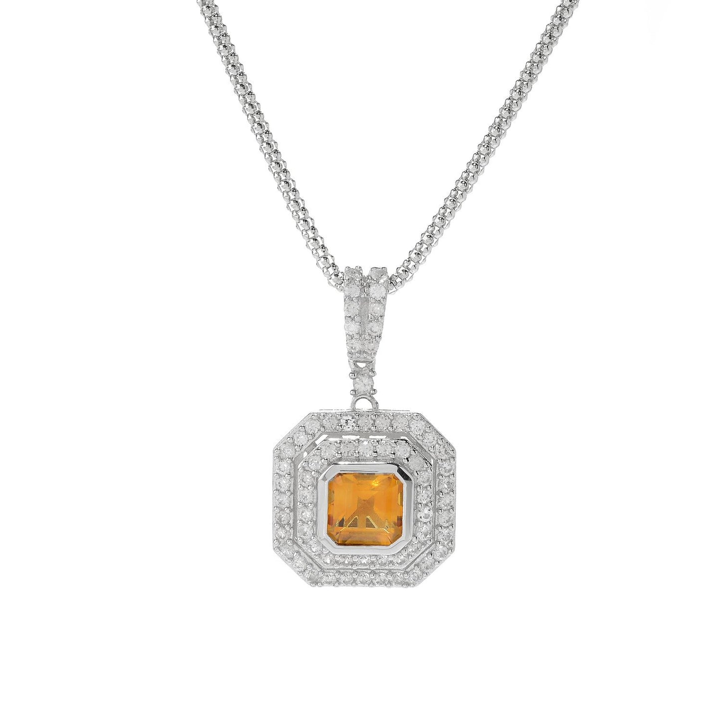 925 Sterling Silver Honey Citrine, White Natural Zircon Pendant - Pinctore