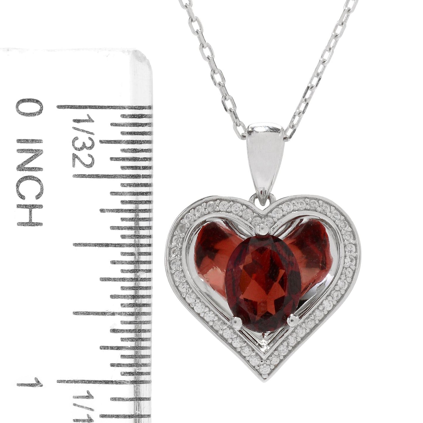 Sterling Silver Red Garnet Reflection Heart Pendant Necklace, 18" - pinctore