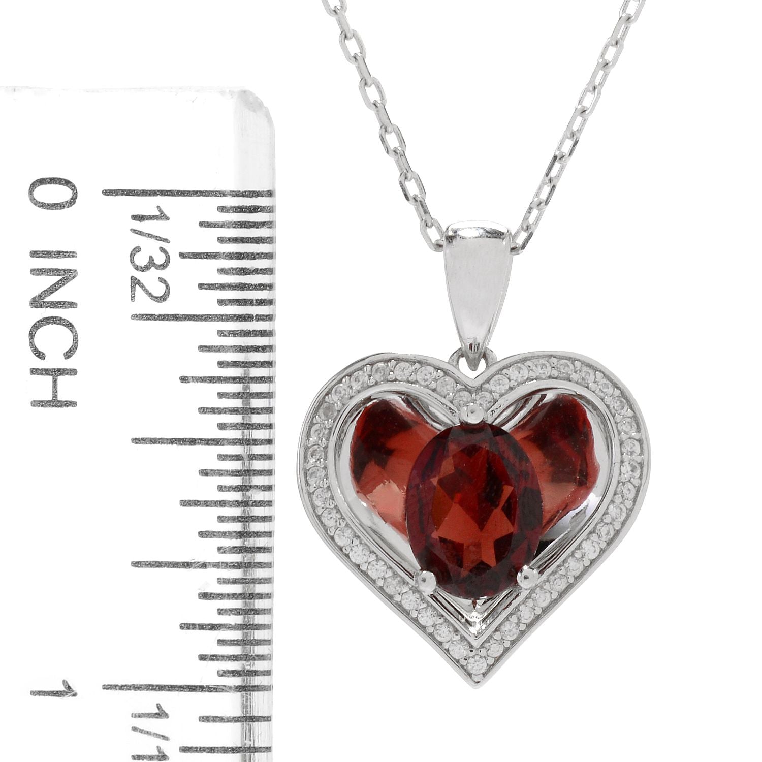 Sterling Silver Red Garnet Reflection Heart Pendant Necklace, 18" - pinctore