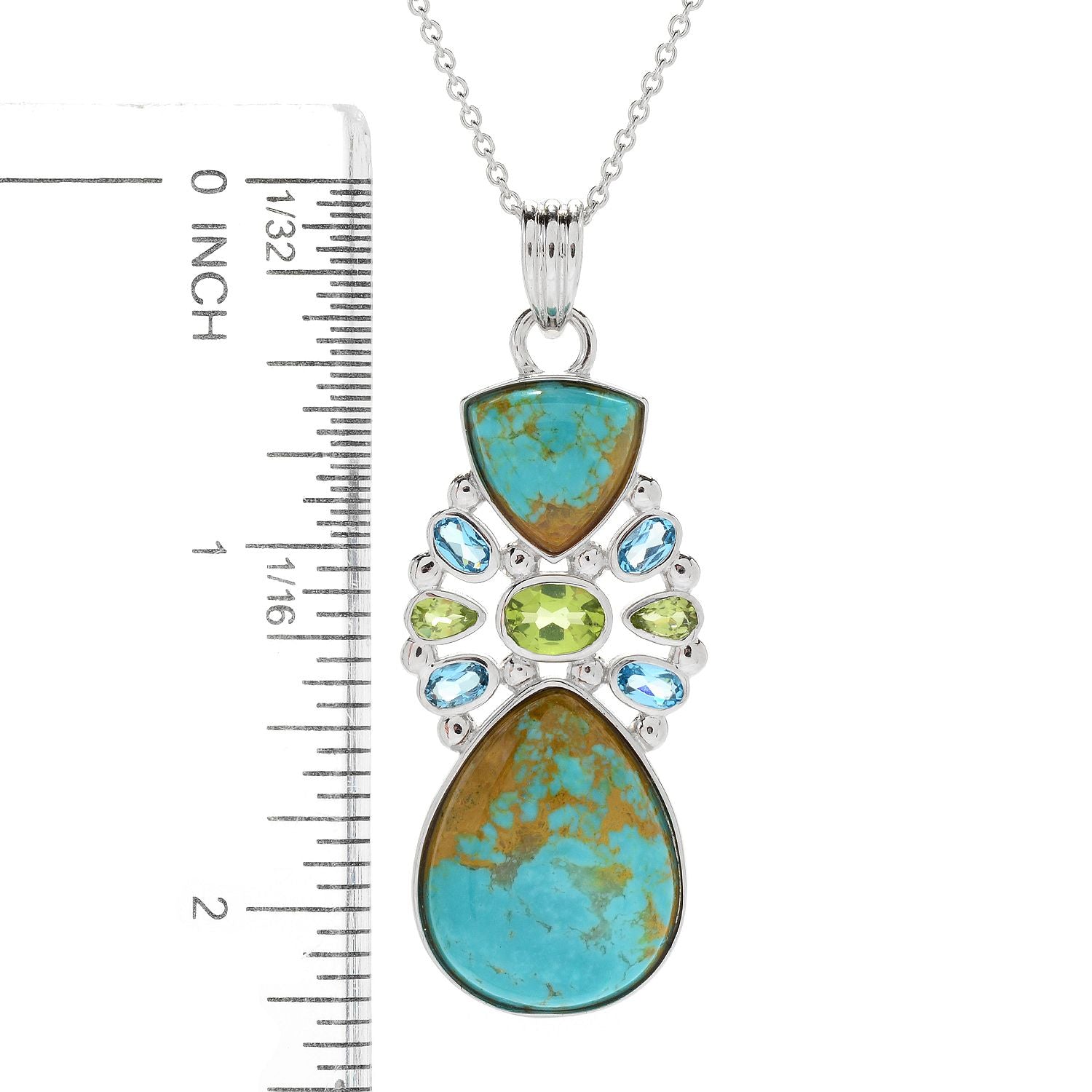 Sterling SIlver 925 Peridot, Tyrone Turquoise, Swiss Blue Topaz Pendant - Pinctore