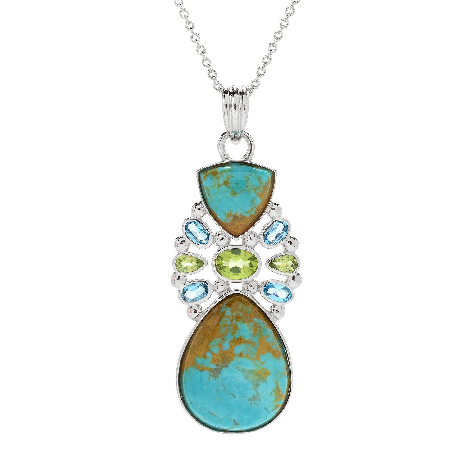 Sterling SIlver 925 Peridot, Tyrone Turquoise, Swiss Blue Topaz Pendant - Pinctore