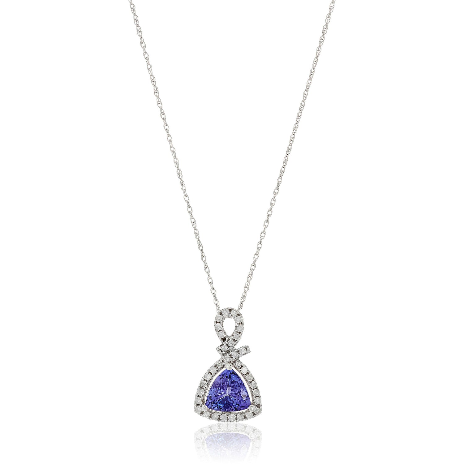 14k White Gold 1 cttw Trillion Tanzanite and Diamond Halo Pendant Necklace (1/4 cttw, I-J Color, Clarity I2-I3), 18" - pinctore