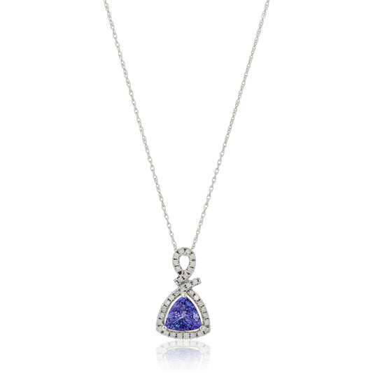 14k White Gold 1 cttw Trillion Tanzanite and Diamond Halo Pendant Necklace (1/4 cttw, I-J Color, Clarity I2-I3), 18" - pinctore