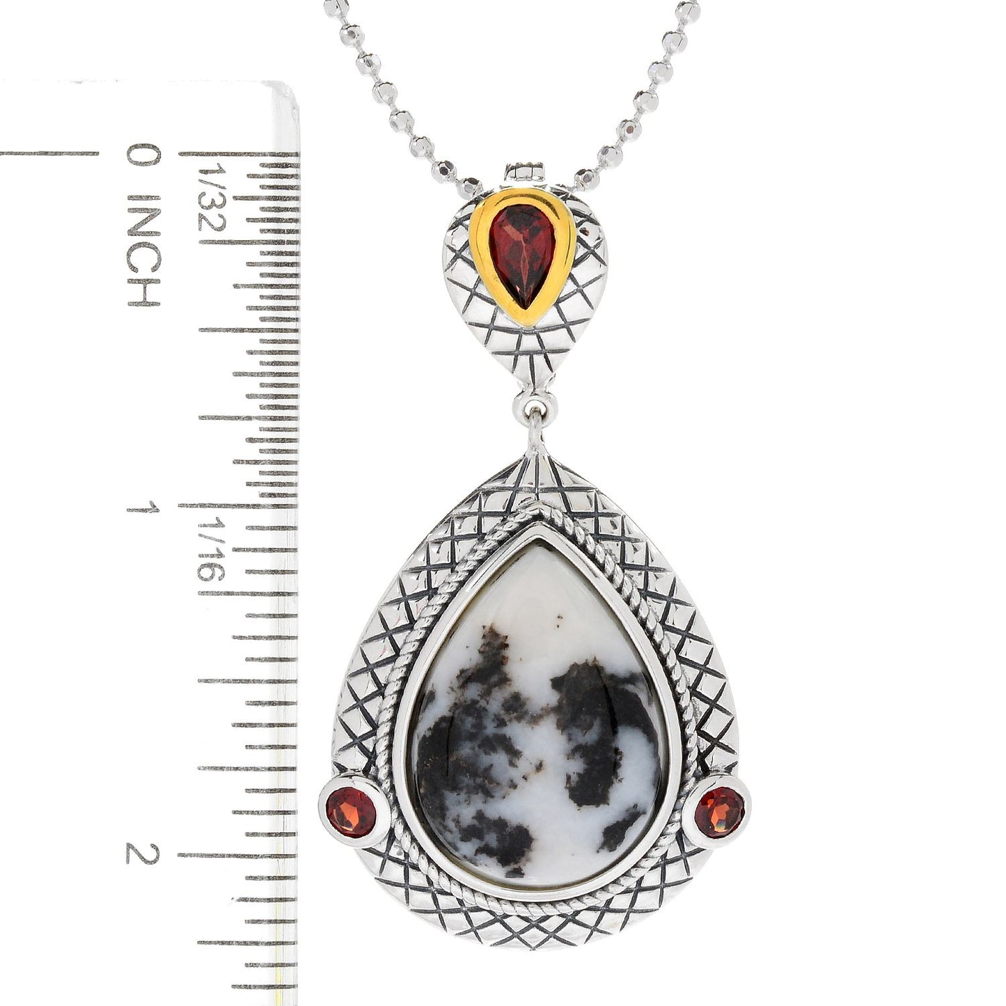 Sterling Silver 26 x 20mm White Buffalo & Garnet Enhancer Pendant w/ 18" Chain - Pinctore