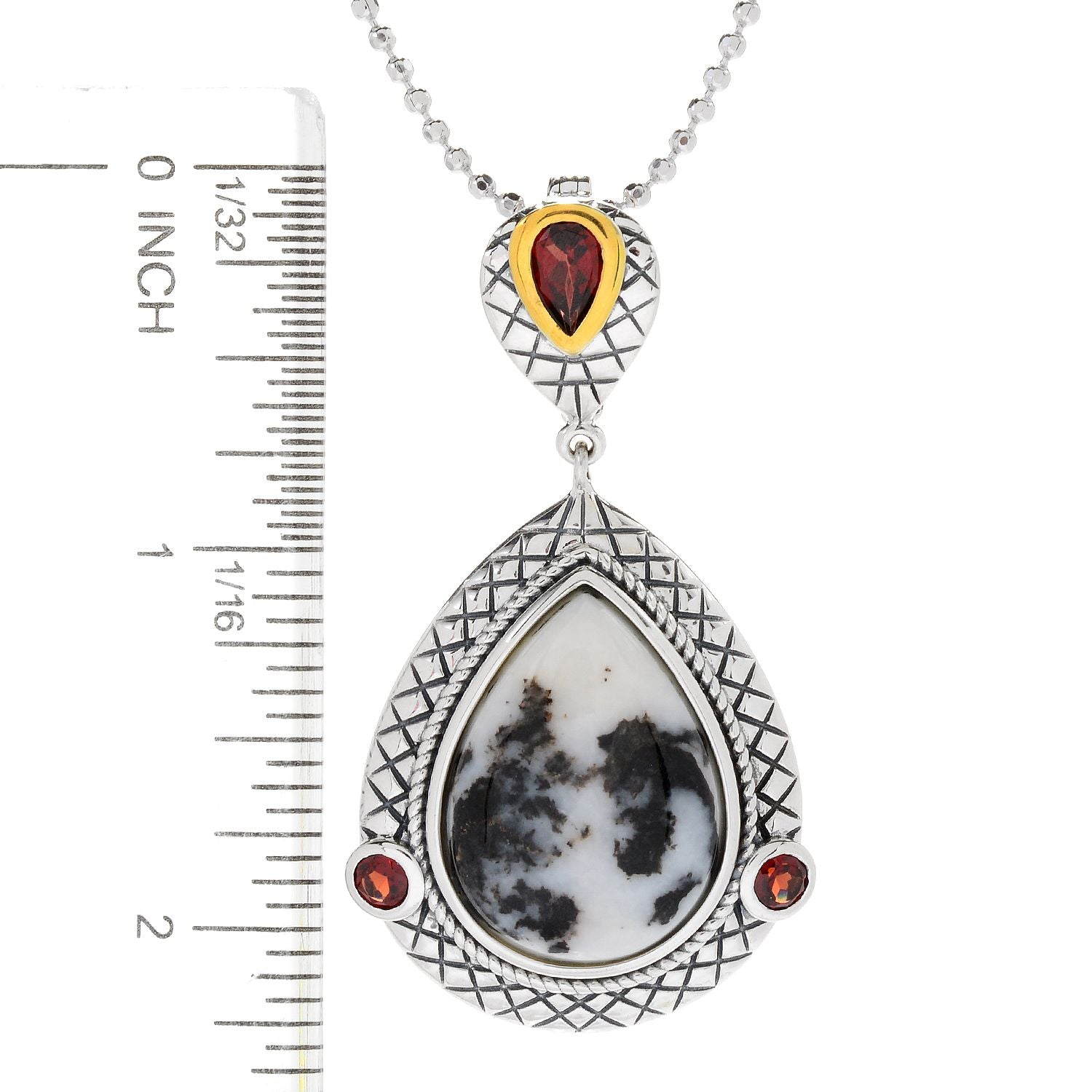 Sterling Silver 26 x 20mm White Buffalo & Garnet Enhancer Pendant w/ 18" Chain - Pinctore