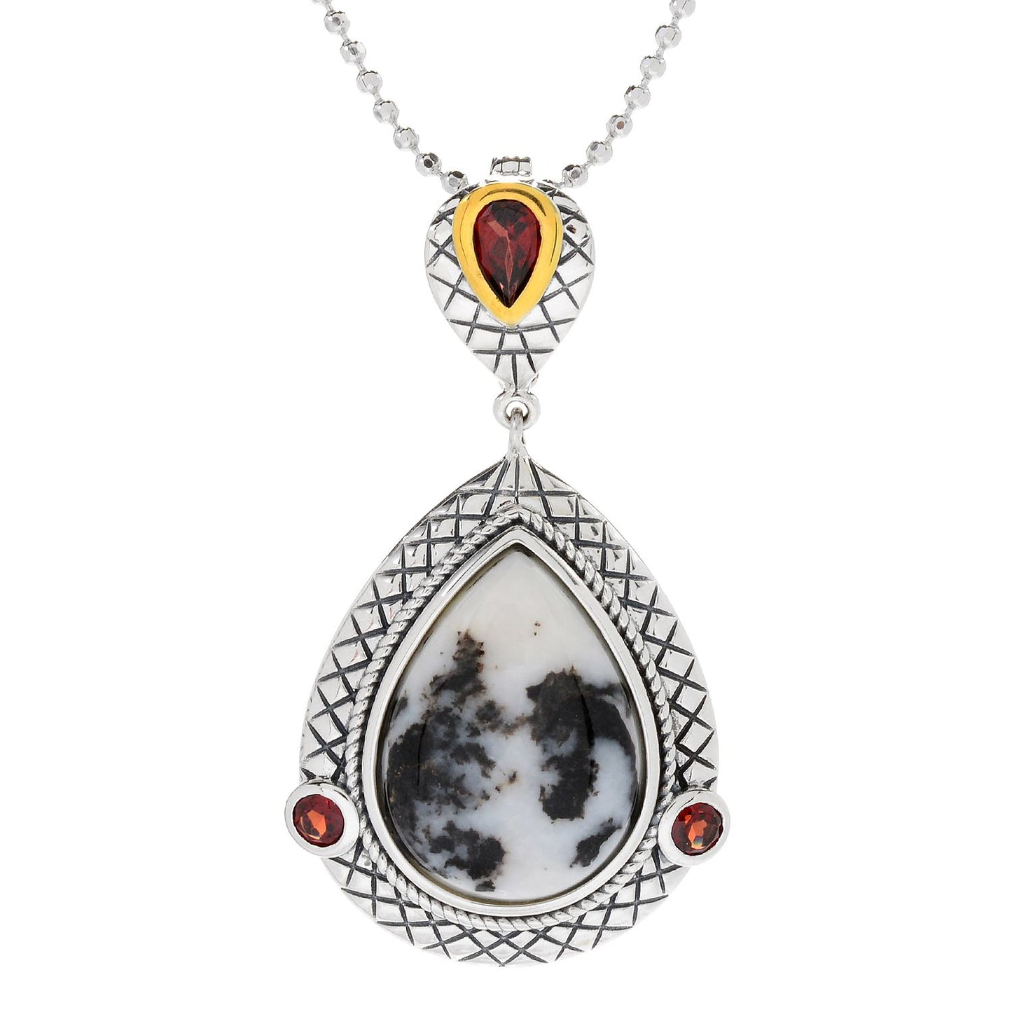 Sterling Silver 26 x 20mm White Buffalo & Garnet Enhancer Pendant w/ 18" Chain - Pinctore