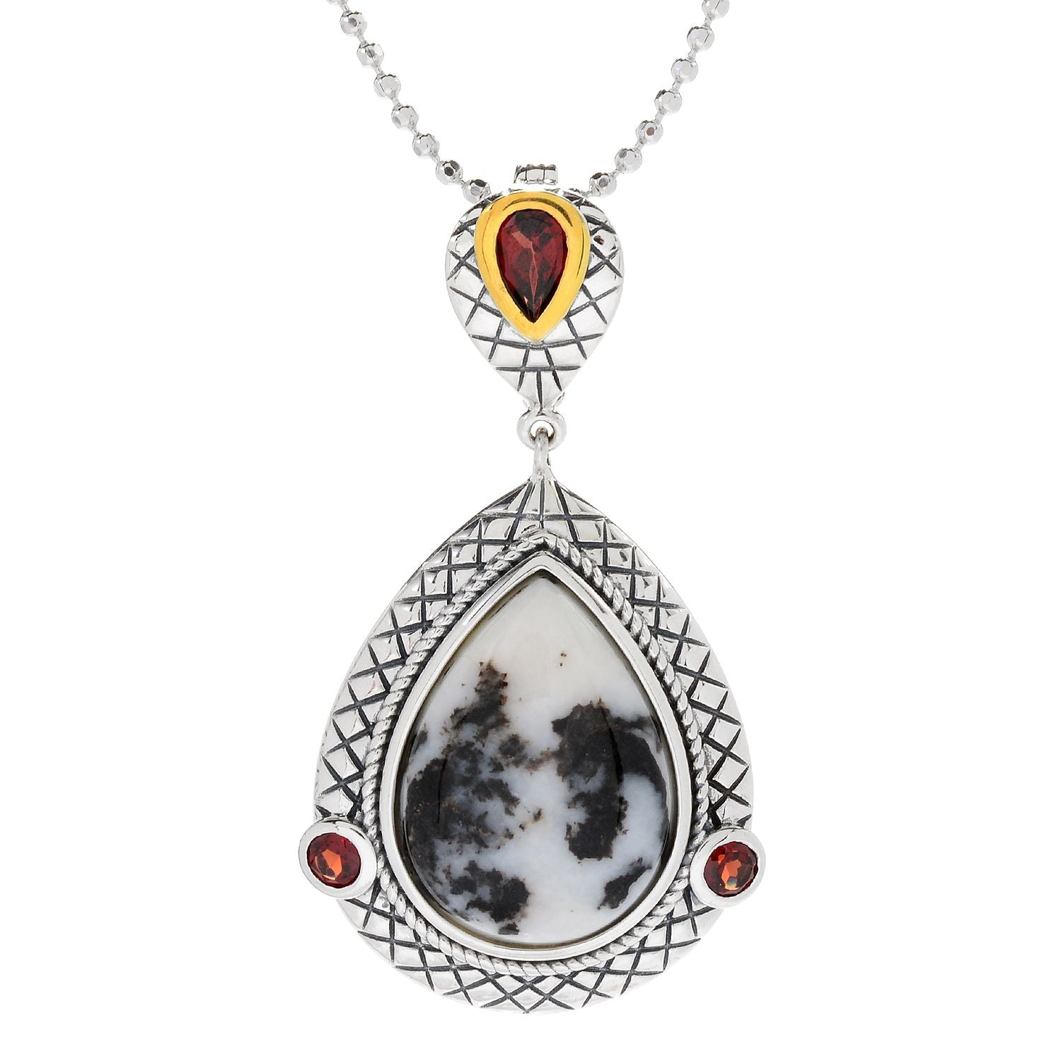 Sterling Silver 26 x 20mm White Buffalo & Garnet Enhancer Pendant w/ 18" Chain - Pinctore