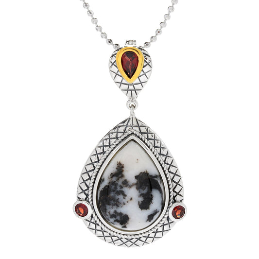 Sterling Silver 26 x 20mm White Buffalo & Garnet Enhancer Pendant w/ 18" Chain - Pinctore