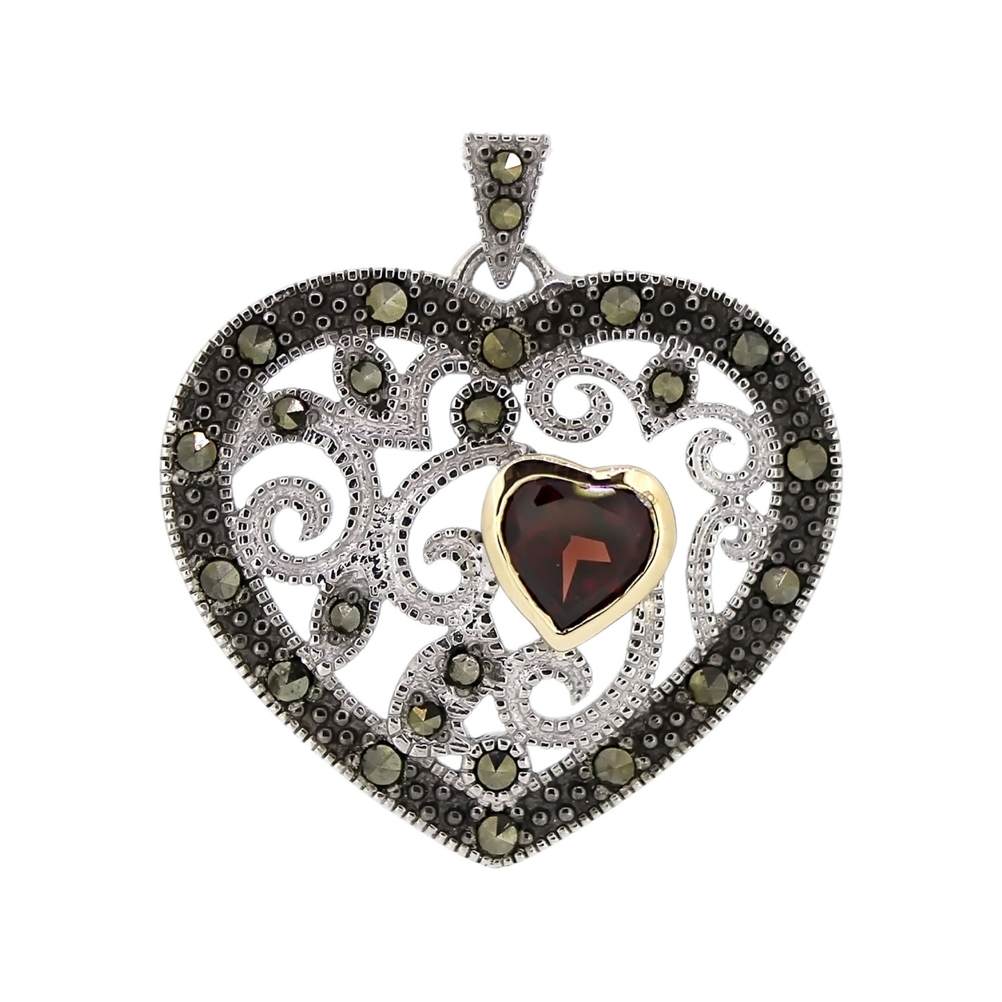 925 Sterling Silver Red Garnet, Marcasite Heart Pendant - Pinctore