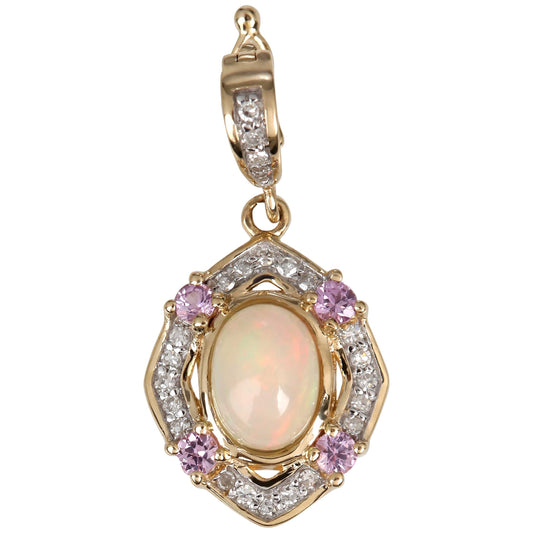 14Kt Yellow Gold Ethiopian Opal, Pink Sapphire, Diamond Pendant - Pinctore