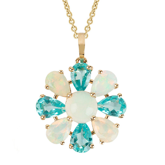 14Kt Yellow Gold Ethiopian Opal With Blue Apatite Pendant - Pinctore
