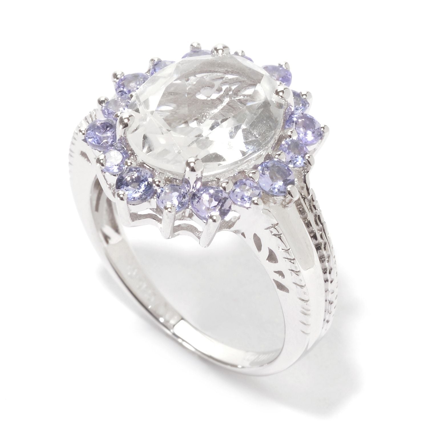Pinctore Sterling Silver 5.97ctw White Topaz & Tanzanite Oval Halo Cocktail Ring - pinctore