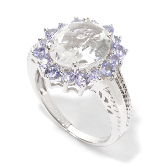 Pinctore Sterling Silver 5.97ctw White Topaz & Tanzanite Oval Halo Cocktail Ring - pinctore