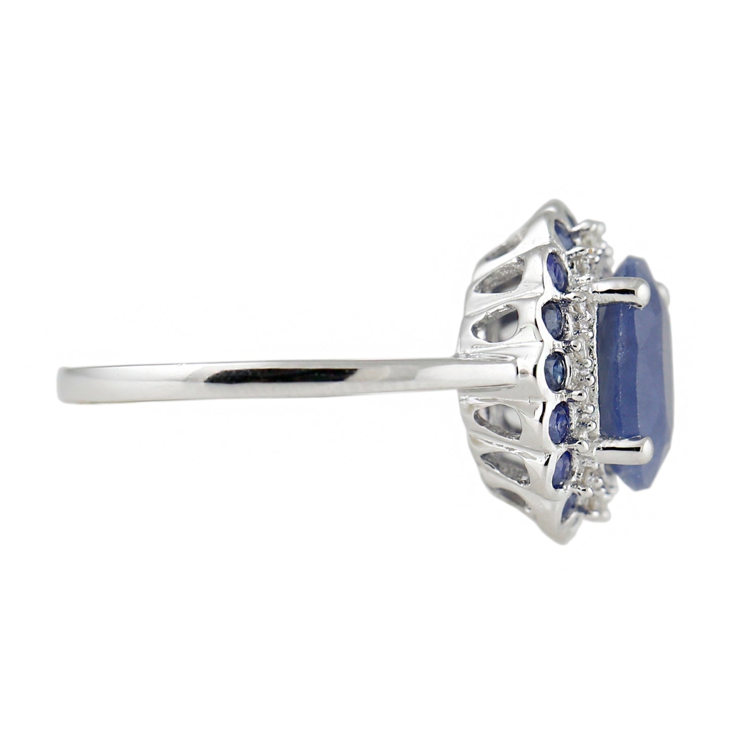 White Sterling Silver Natural Indian Blue Sapphire and Diamond Classic Ring - Pinctore