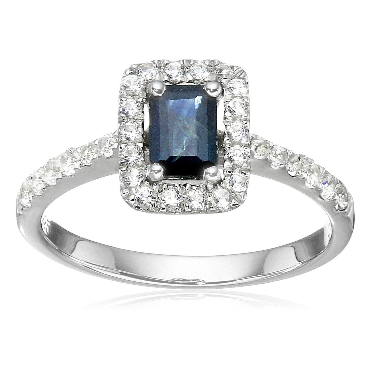 Pinctore Sterling Silver Blue Sapphire Created White Sapphire Halo Ring - pinctore