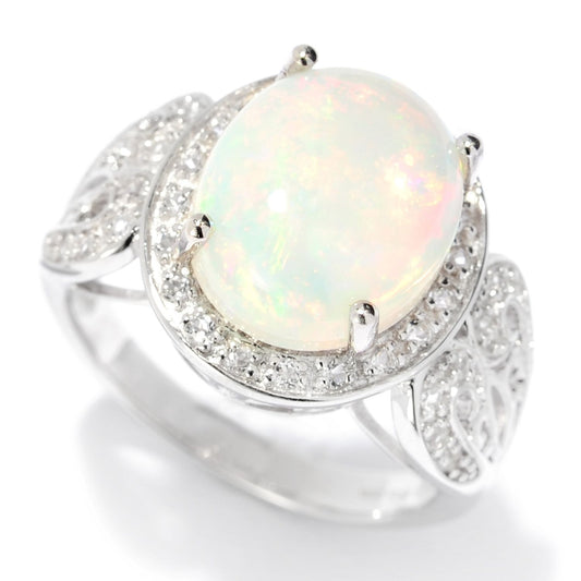 Pinctore Sterling Silver 12 x 10mm Oval Ethiopian Opal & White Topaz Ring - pinctore