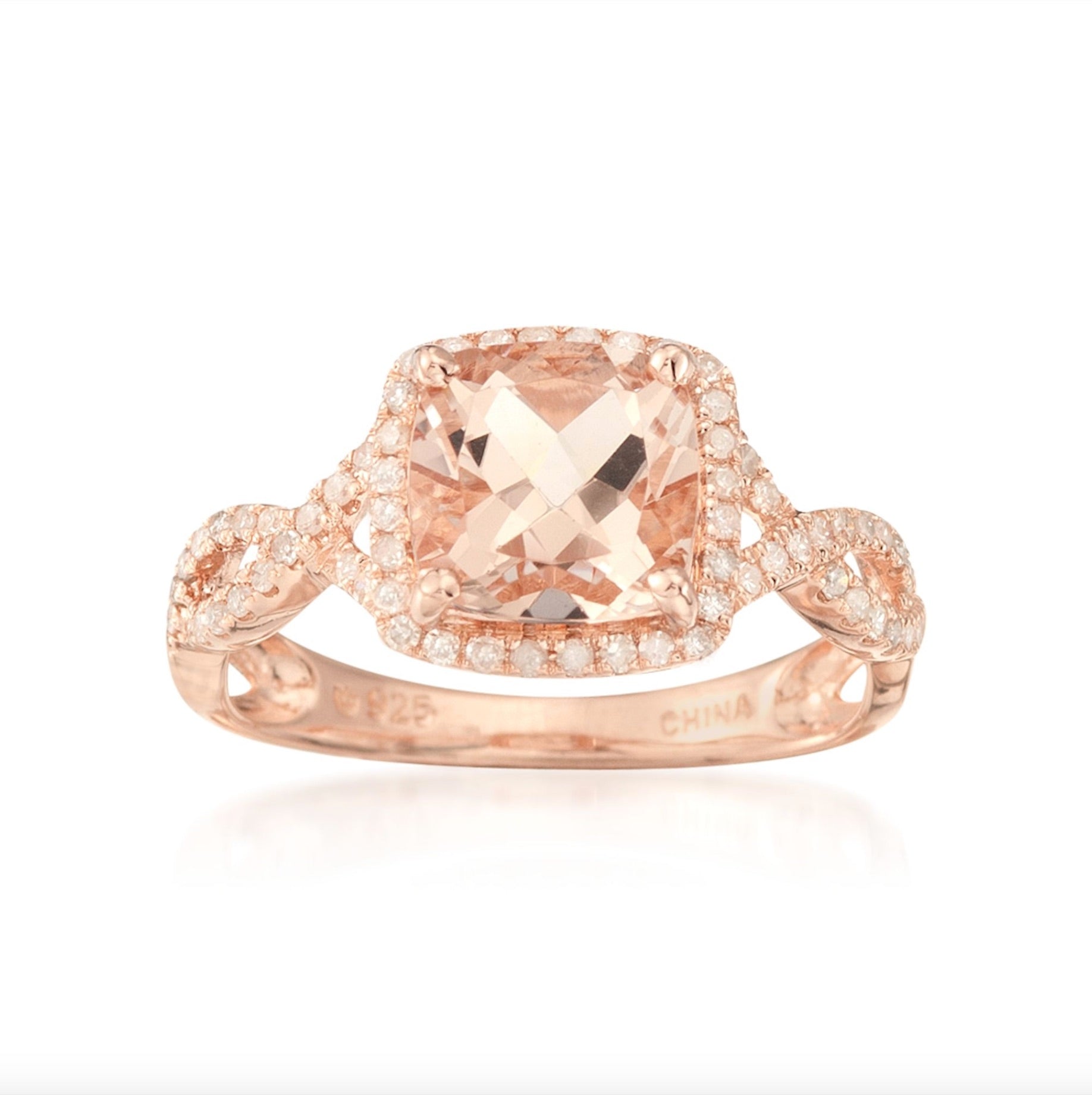 14k Rose Gold Morganite and Diamond Cushion Infinity Shank Engagement Ring  (1/4cttw, H-I Color, SI1-SI2 Clarity),