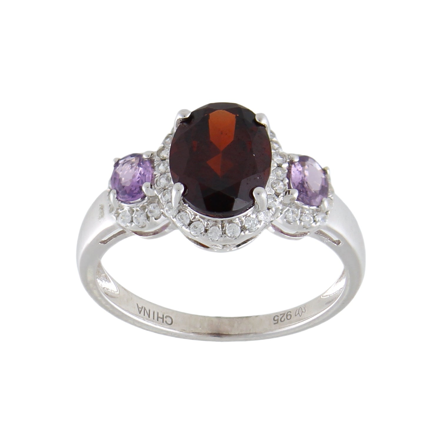 Sterling Silver 2.8Ctw Garnet, Purple Sapphire & White Zircon 3-Stone Ring - Pinctore
