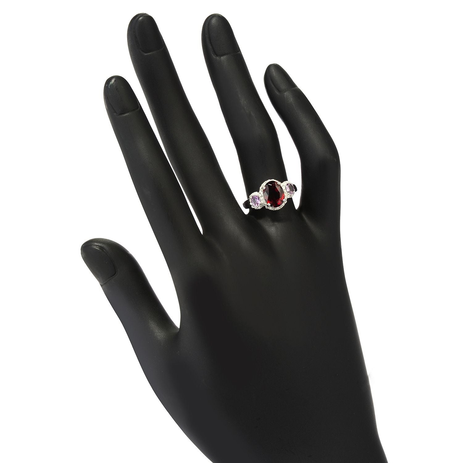 Sterling Silver 2.8Ctw Garnet, Purple Sapphire & White Zircon 3-Stone Ring - Pinctore