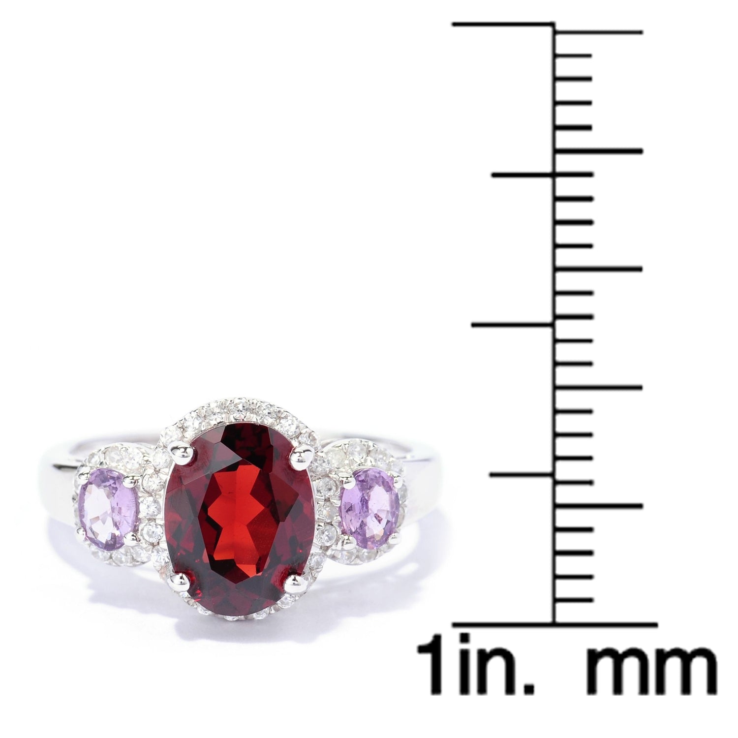 Sterling Silver 2.8Ctw Garnet, Purple Sapphire & White Zircon 3-Stone Ring - Pinctore