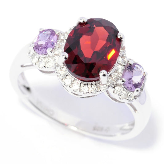 Sterling Silver 2.8Ctw Garnet, Purple Sapphire & White Zircon 3-Stone Ring - Pinctore