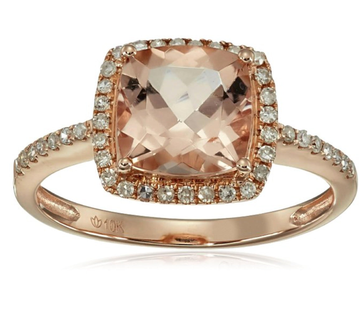 Pinctore 10k Rose Gold Morganite and 1/5ct TDW Diamond Solitaire Cushion Ring (H-I, I1-I2) - pinctore