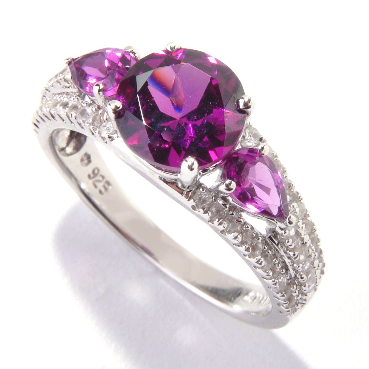Pinctore Sterling Silver 2.93ctw Rhodolite Garnet & White Zircon 3-Stone Ring - pinctore