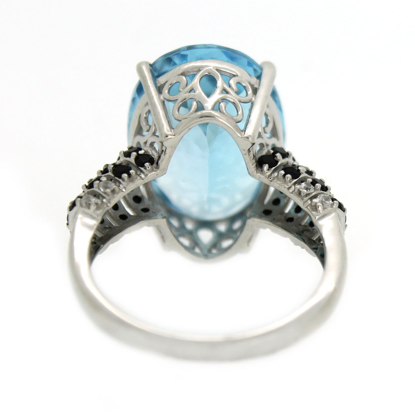 925 Sterling Silver Sky Blue Topaz, Black Spinel, White Natural Zircon Ring - Pinctore