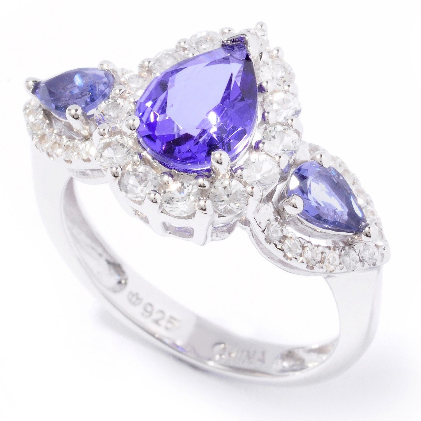 Pinctore Sterling Silver 1.98ctw Three Stone Tanzanite Doublet Ring - pinctore