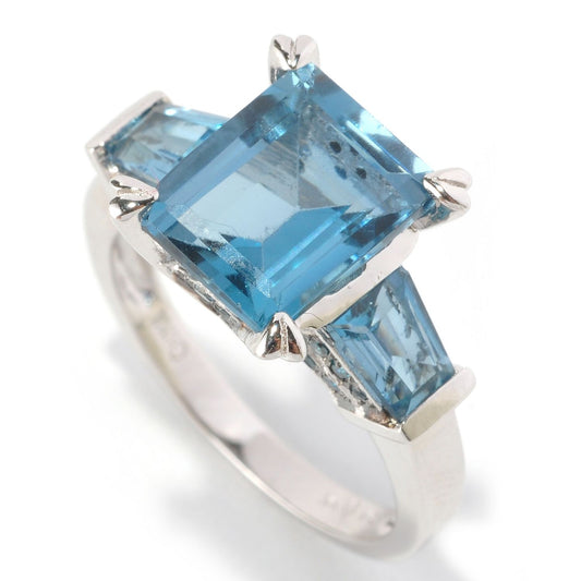 Pinctore Sterling Silver 4.97ctw London Blue Topaz 3-Stone Ring - pinctore