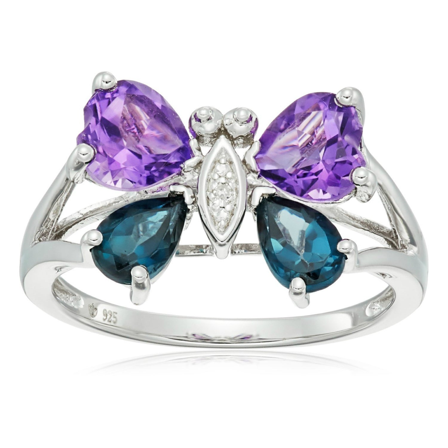 Pinctore Ster Silver African Amethyst, Blue Topaz, Diamond Butterfly Ring - pinctore