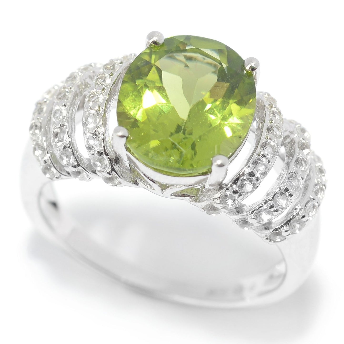 Pinctore Sterling Silver 3.70ctw Oval Peridot & White Topaz Ring - pinctore