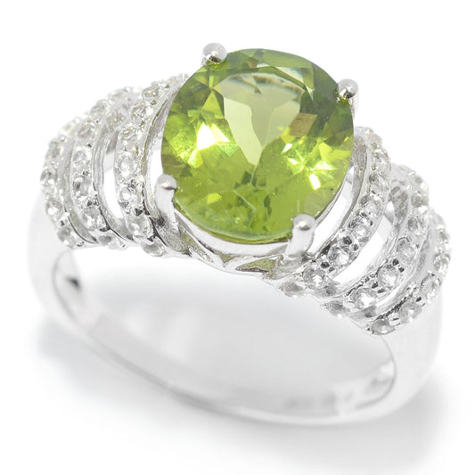 Pinctore Sterling Silver 3.70ctw Oval Peridot & White Topaz Ring - pinctore