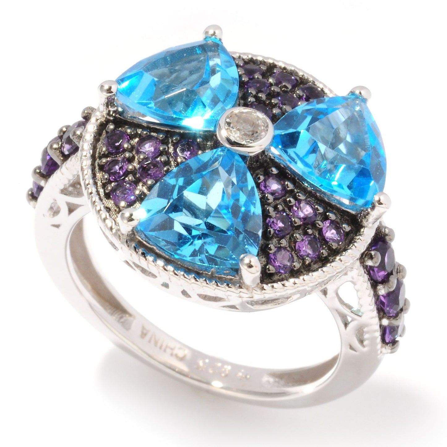 Pinctore Sterling Silver 4.62ctw Swiss Blue Topaz, African Amethyst Cluster Ring - pinctore