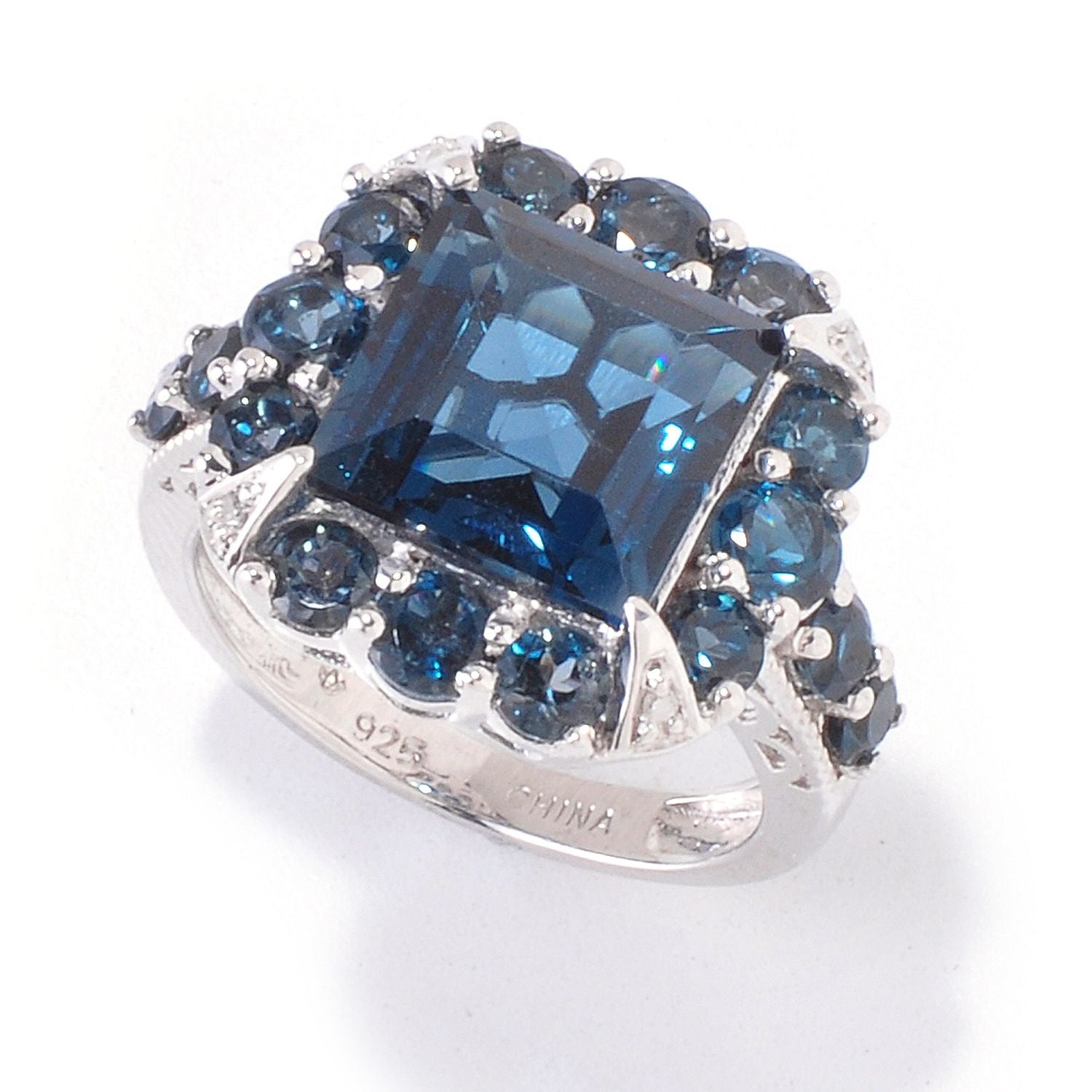 Pinctore Platinum o/Silver 8.29ctw London Blue Topaz & Diamond Cocktail Ring - pinctore