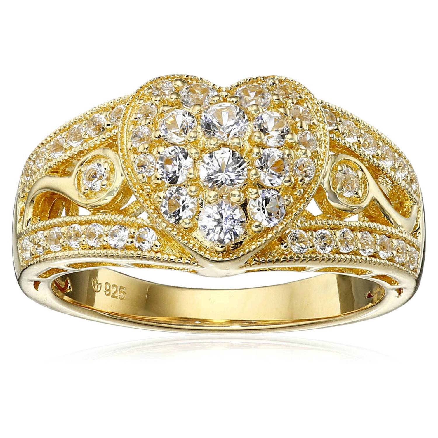 Pinctore Yellow Gold-Plated Silver Created White Sapphire Heart Ring - pinctore