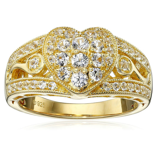 Pinctore Yellow Gold-Plated Silver Created White Sapphire Heart Ring - pinctore