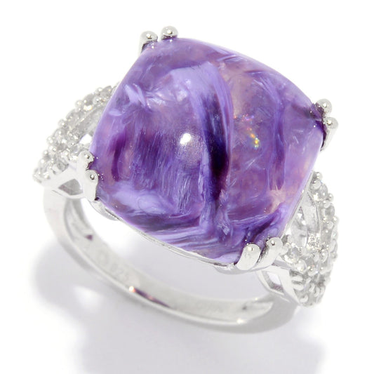 Pinctore Sterling Silver 15mm Cushion Shaped Charoite & White Zircon Ring - pinctore