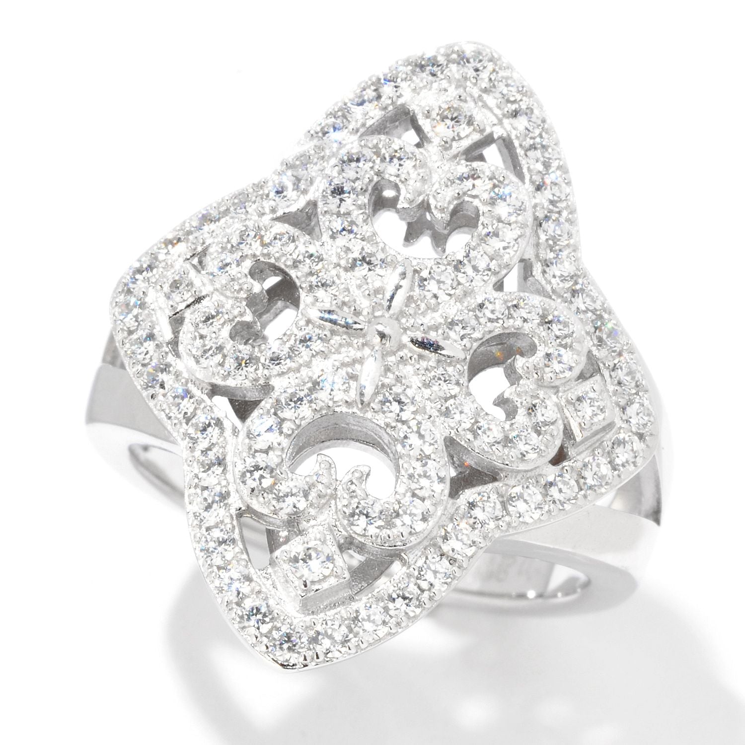 Pinctore Rhodium Over Sterling Silver 1.25ctw White CZ Cocktail Ring - pinctore